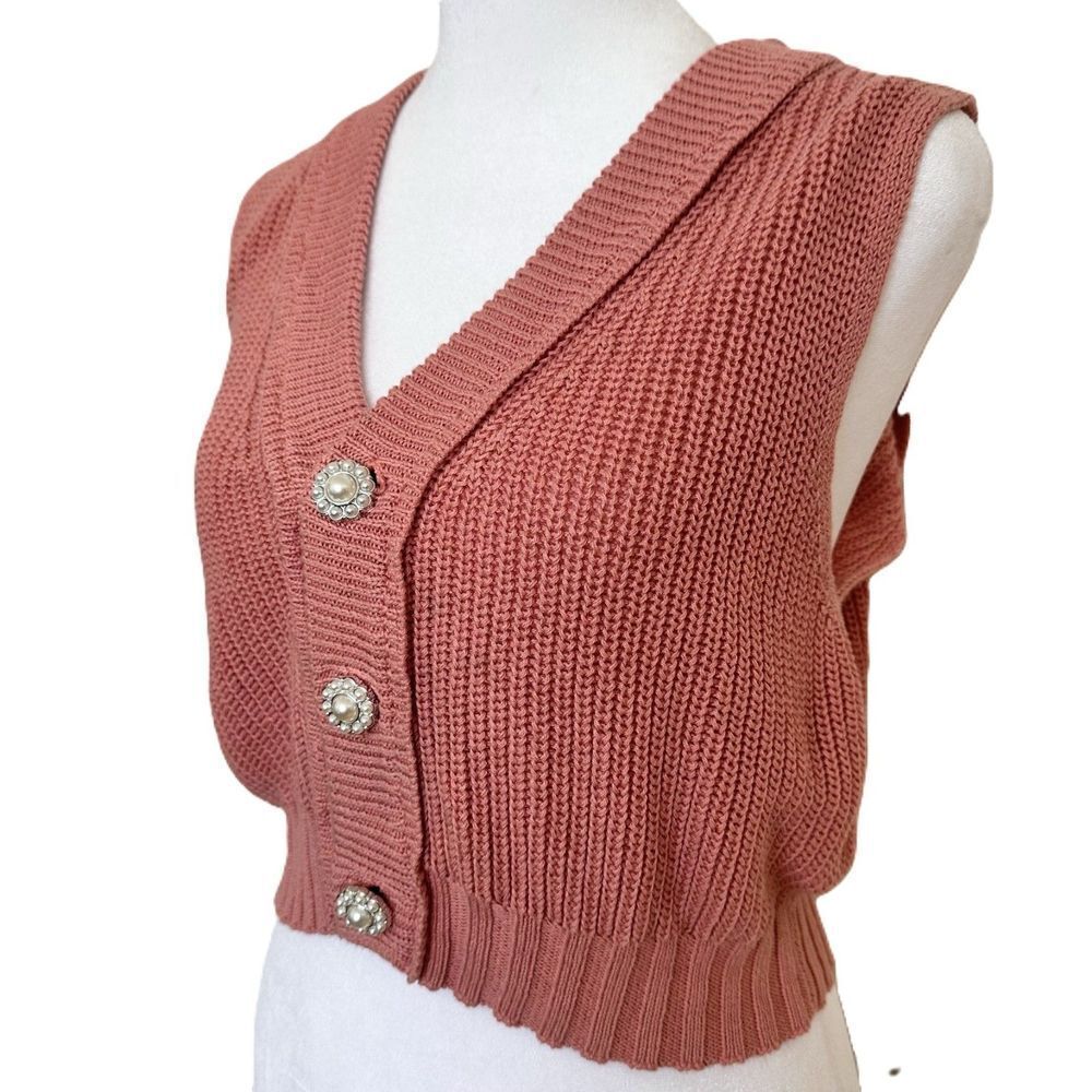 Women's Knit Cropped Sweater Vest Pink Size Small Cotton Blend Double Zero Brand